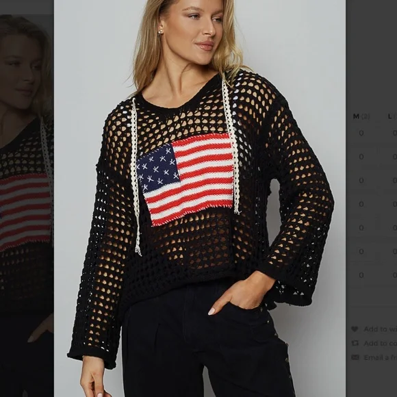 POL “ USA “ POL Open Knit Sweater Hoodie with American Flag SR19 - Picture 2 of 5